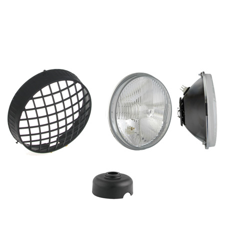 Headlight H4 (flat glass) E-mark + grille + sealing cap for MZ ETZ TS