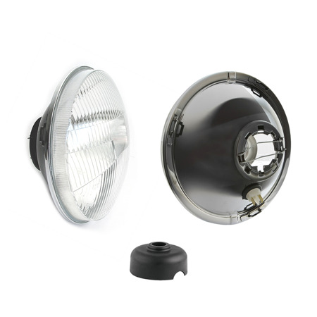 Headlight (curved glass) + sealing cap + socket + bulbs for MZ ETZ, TS