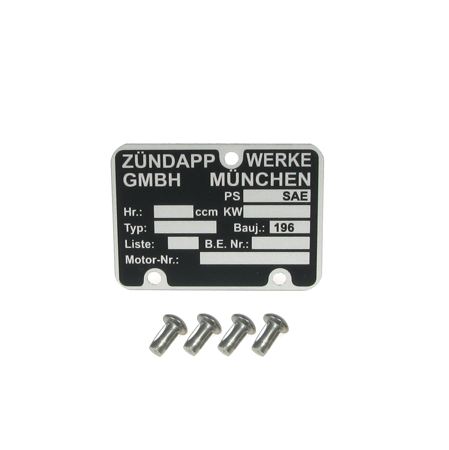 Type plate + notched nail for Zündapp KS50 KS75 KS100 R50 RS50 Combinette Bj 60-69