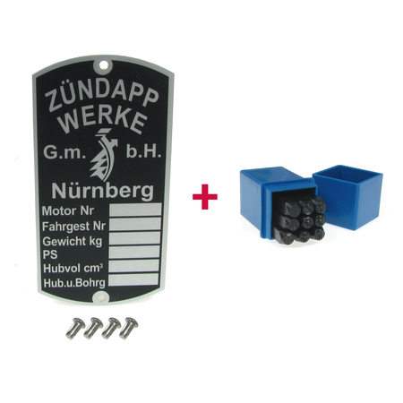 Type plate + punch numbers + 4 x grooved nails for Zündapp