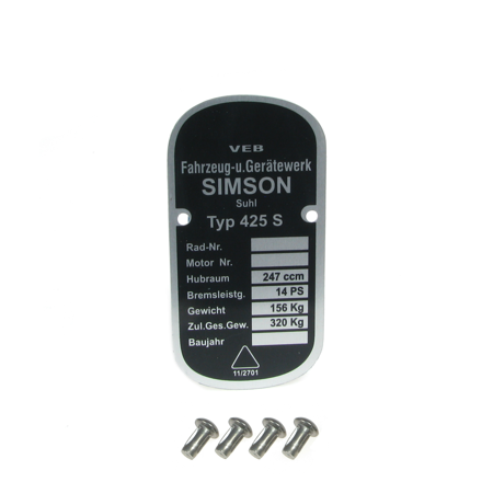 Type plate with 4 x grooved nails for Simson 425 AWO Sport