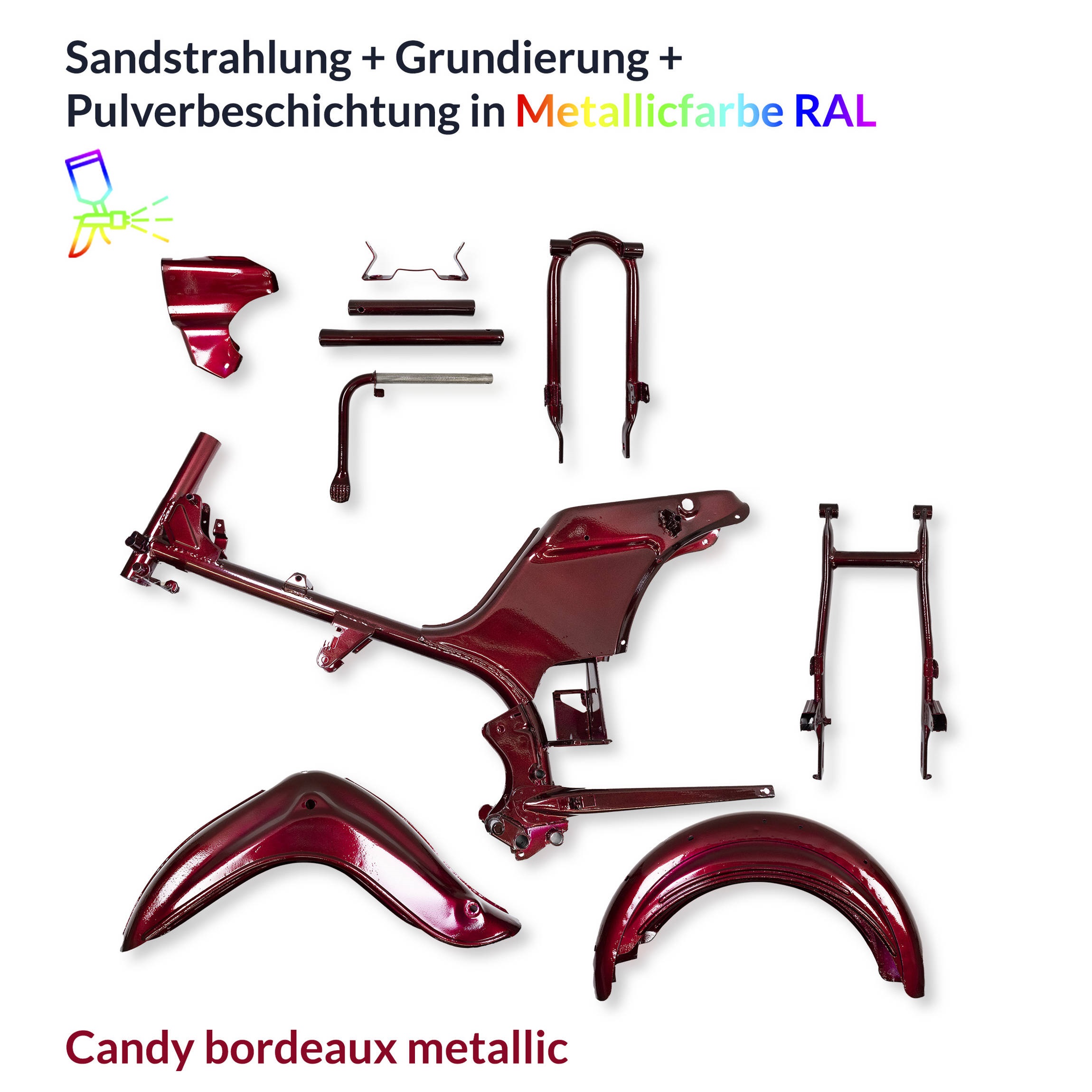 Pulverbeschichten Service Rahmen Teile Simson SR4- Spatz Star in metallic  Candy - 269,00 €