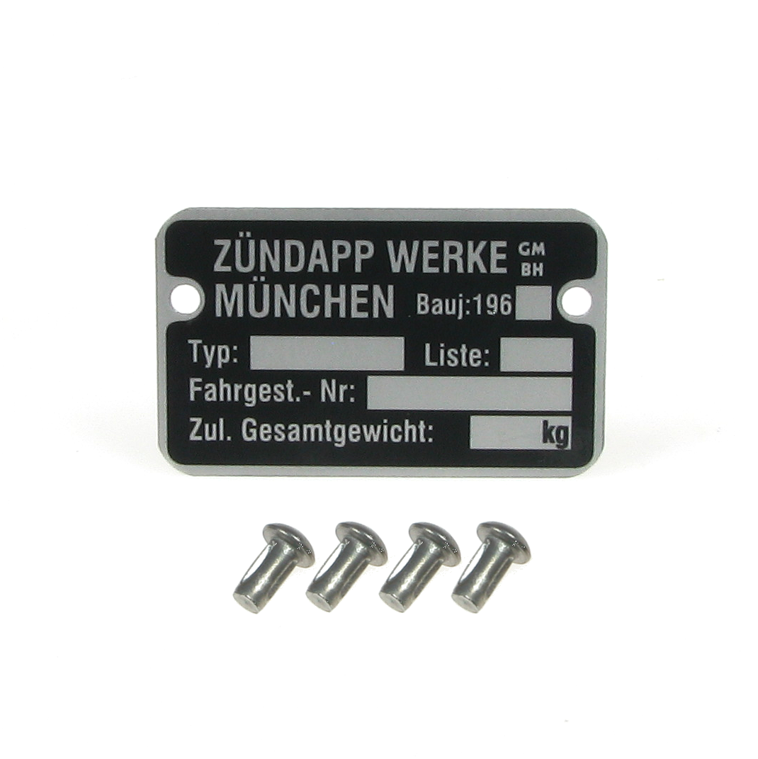 Typenschild Rahmen Blanco mit 4x Kerbnagel für Zündapp Combinette C KS M 196x 