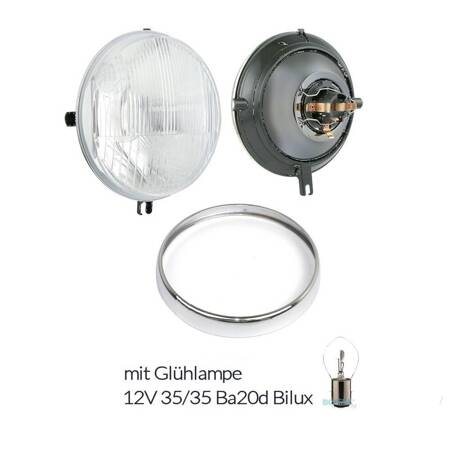 Scheinwerfereinsatz + Lampenring chrom + Glühlampen 12V 35/35W für Simson SR50