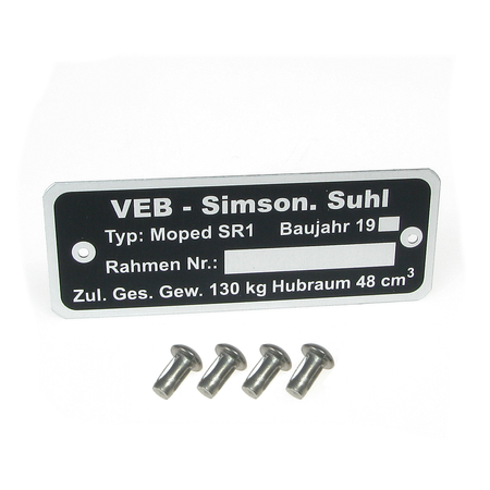 Typenschild mit 4x Kerbnagel für Simson SR1