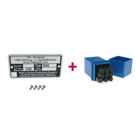 Typenschild + Schlagzahlen Set 4mm für Simson S50 (Masse: 230kg)