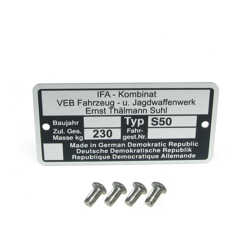 Typenschild mit 4 x Kerbnagel für Simson S50 (Masse: 230kg)