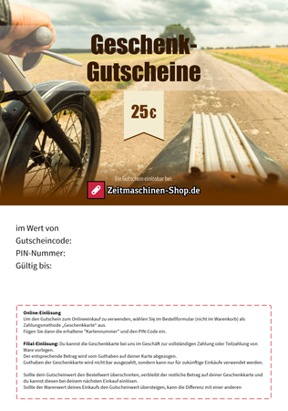 Gutschein - Zeitmaschinen-Shop.de (Geschenkkarten selbst ausdrucken) - 25 Euro