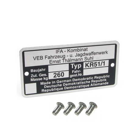 Simson KR51/1 Schwalbe data plate w/4 rivets 260kg