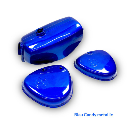 Title: Fuel Tank Set with Logo for Simson S50 S51 S70 - Candy Blue

Description: Replacement candy blue fuel tank set for Simson S50/S51/S70