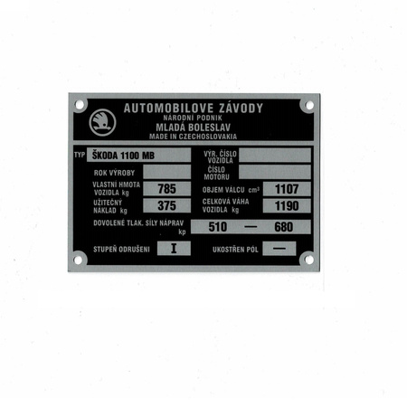 Tabliczka znamionowa dla Skoda 1100 MB