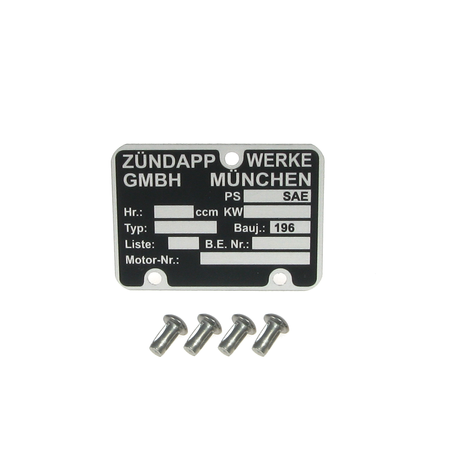 Blank nameplate with 4 split pins for Zündapp 196x engine