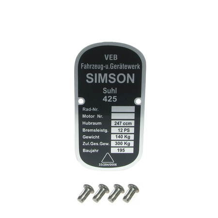 Type plate with 4 mounting rivets for Simson 425 AWO Touren