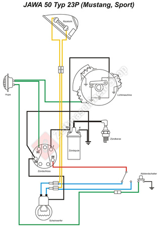 Wiring harness for Jawa 50 Mustang Sport 23 P with colored wiring diagram