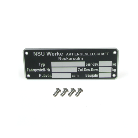 NSU Motorcycle Type Plate with 4 Rivets - Neckarsulm, Rectangular