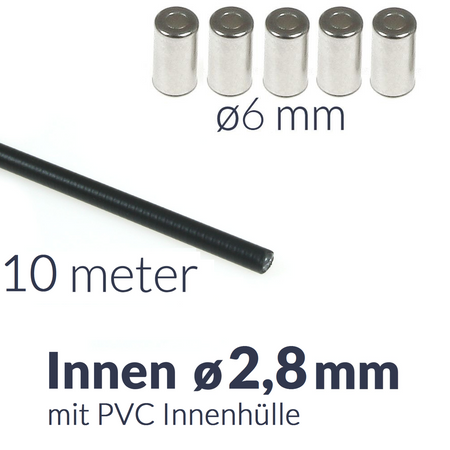 10m Bowdenzughülle mit PVC Innenhülle, innen ø2,8mm + 5x Endkappe für Motorrad 