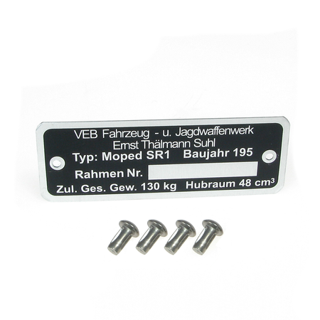 Typenschild mit 4x Kerbnagel für Simson SR1 - Bj. 195