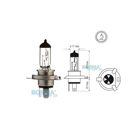 Incandescent bulb halogen lamp H4 12V 60 / 55W P43T with E-approval mark in a box