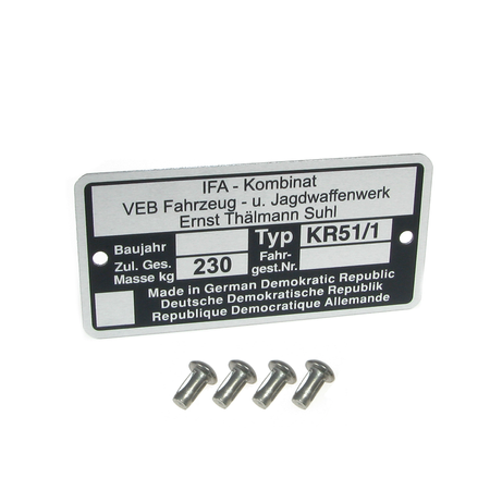 Type plate with 4 x grooved nails for Simson KR51 / 1 Schwalbe (weight: 230kg)