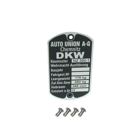 Nameplate with 4 mounting pins for DKW NZ 350/1 (Chemnitz)