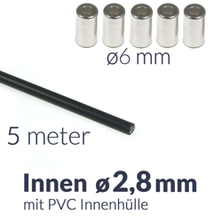 5m x Bowden cable sleeve with PVC inner sleeve, inside ø2.8mm + 5x end caps for motorcycle