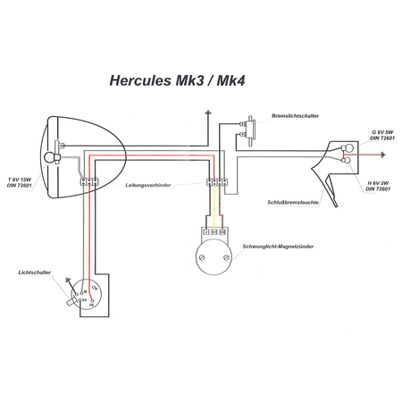 Motorcycle wiring harness for Hercules Mk3/Mk4 with color diagram