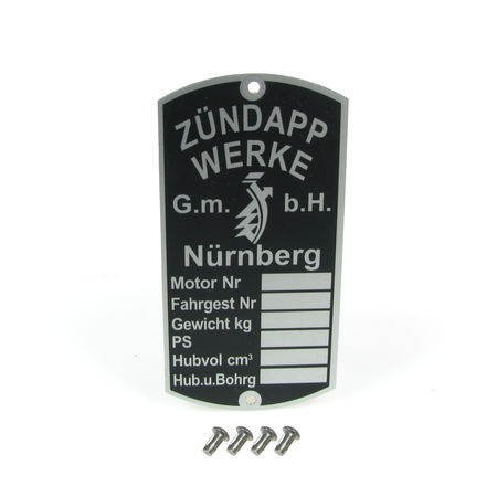 Name: Zündapp type plate with 4 rivets

Description: Replacement motorcycle nameplate for Zündapp models