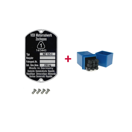 Name: Type plate + stamped numbers + fixing rivet for MZ RT125/3

Description: Replacement type plate with punched numbers and fixing rivet for MZ RT125/3