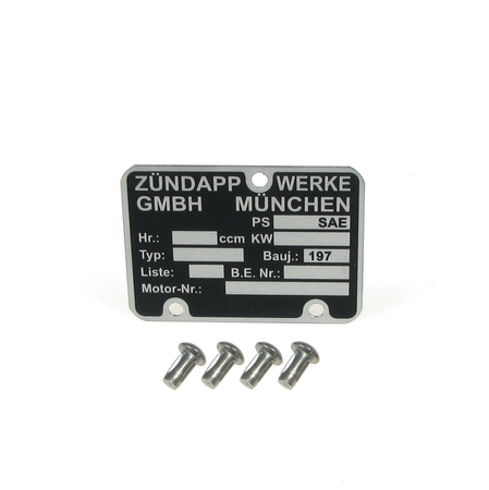 Typenschild + Kerbnagel für Zündapp KS175 GS125 ZD ZD20 ZD25 ZD40 ZD50 Bj1970-79