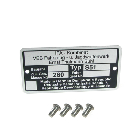 Typenschild mit 4 x Kerbnagel passend für Simson S51