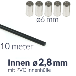 10m Bowden cable sleeve with PVC inner sleeve, inner ø2.8mm + 5x end caps for motorcycle