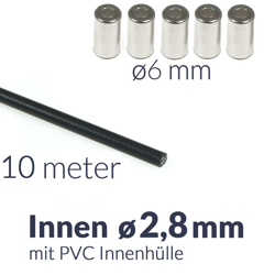 10m Bowdenzughülle mit PVC Innenhülle, innen ø2,8mm + 5x Endkappe für Motorrad 