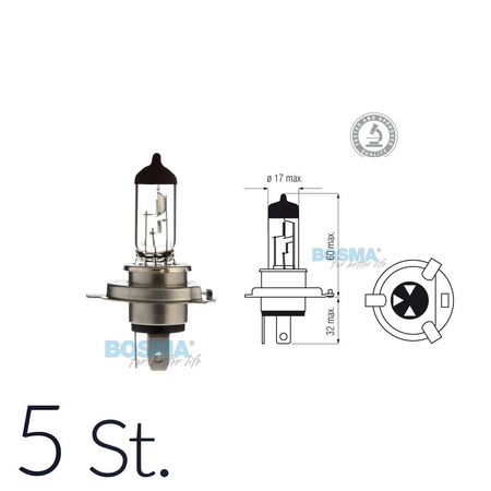 5x Glühlampe Halogen H4 HS1 12V 35/35W PX43T mit E-Prüfzeichnen - im Karton